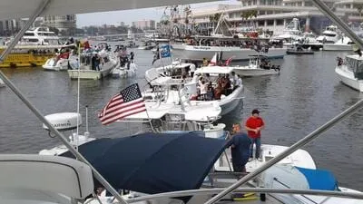 Boats gathered on the water for the Gasparilla Pirate Festival