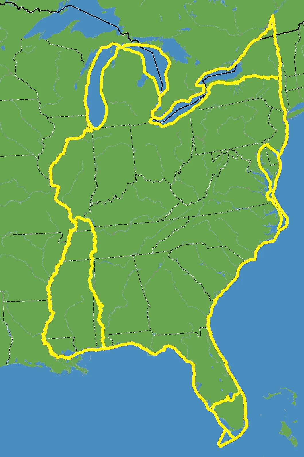 A route map of the Great Loop circuit through the eastern United States