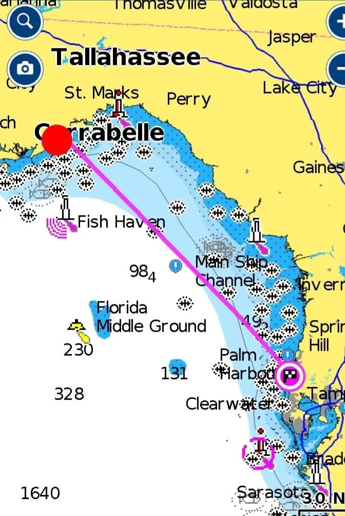 A nautical chart of Florida’s Gulf coast showing a plotted magenta course across the Big Bend