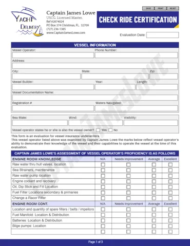 The printed captain’s sign-off form used for an insurance check ride