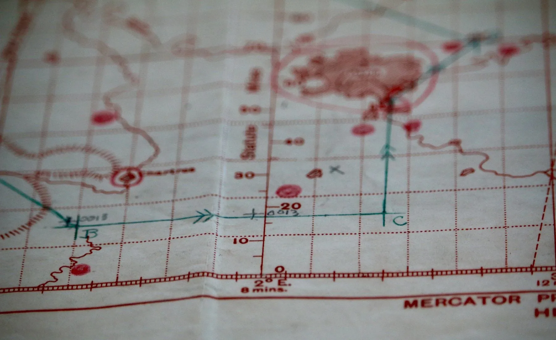 A Mercator nautical chart with a course plotted in red