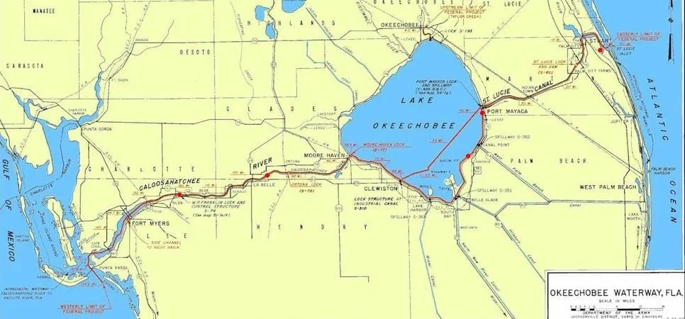 A map of the Okeechobee Waterway crossing the Florida peninsula